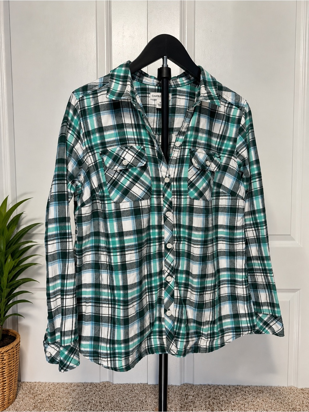 croft & barrow Teal and White Plaid Button-Down Shirt